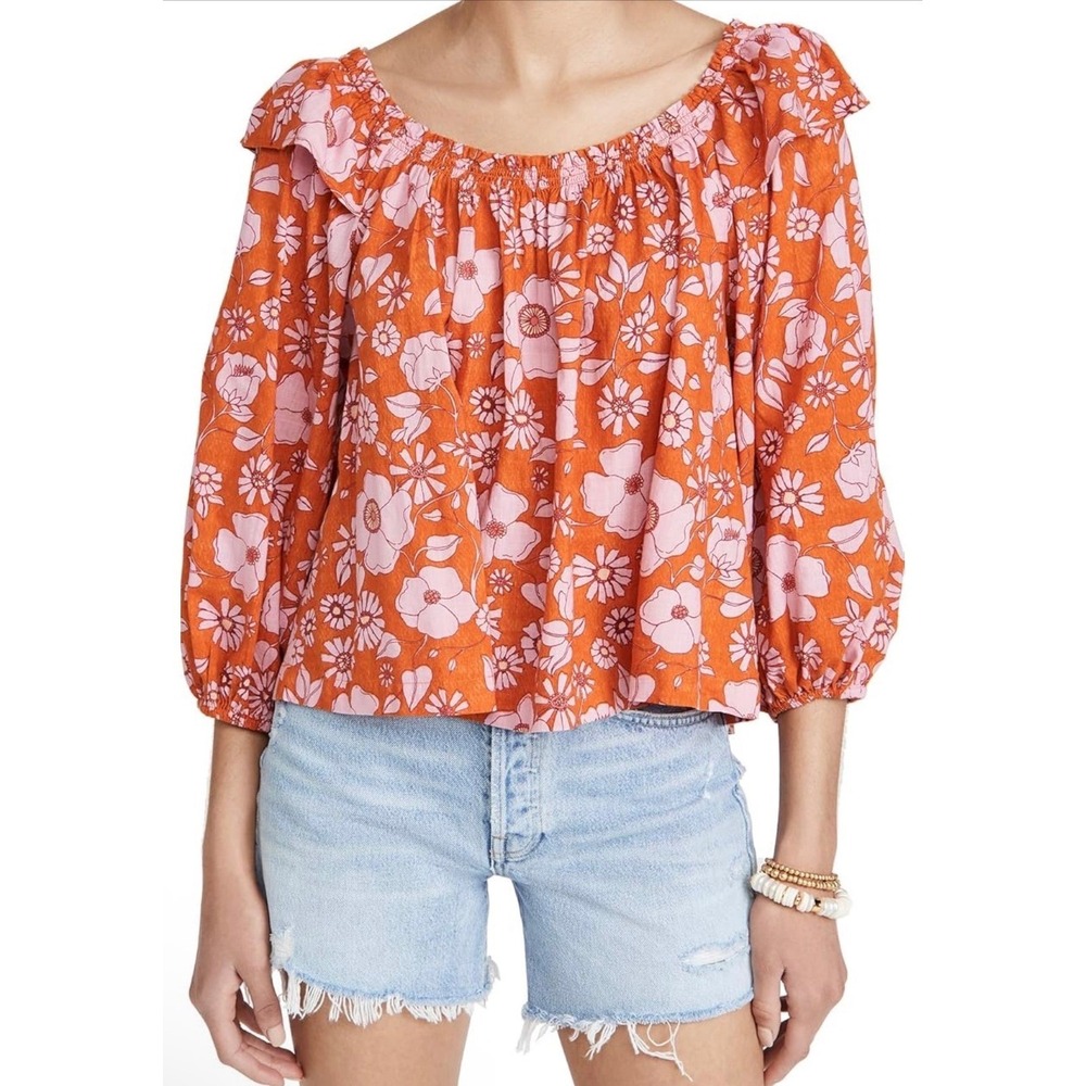 Free People Miss Daisy Printed Top Heat Wave Combo Orange Pink Floral Blouse M